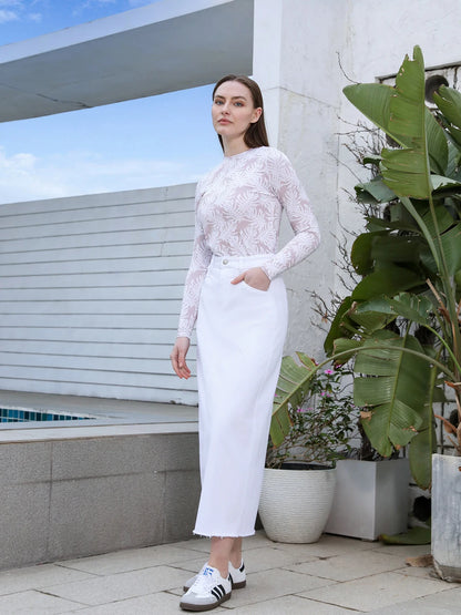 Printed Cotton Blouse & Denim Maxi Skirt Set – Sleeveless Modest Fit