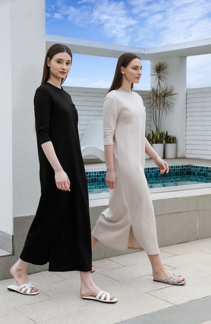 Soft Cotton Maxi Dress – 3/4 Sleeve with Side Pockets