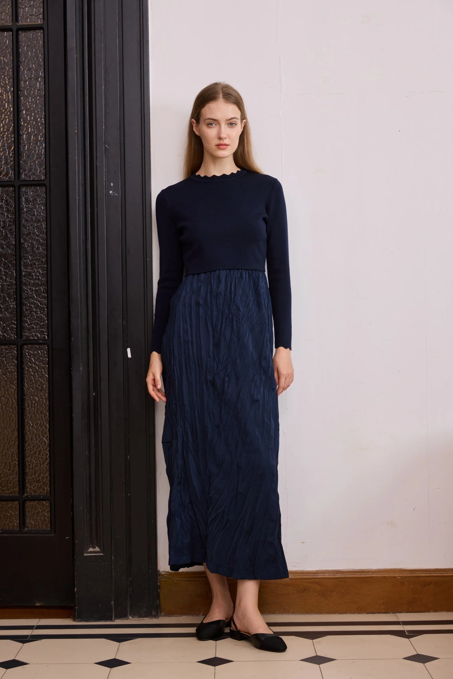 Crinkle Knit Maxi Dress – Patchwork Panel Design