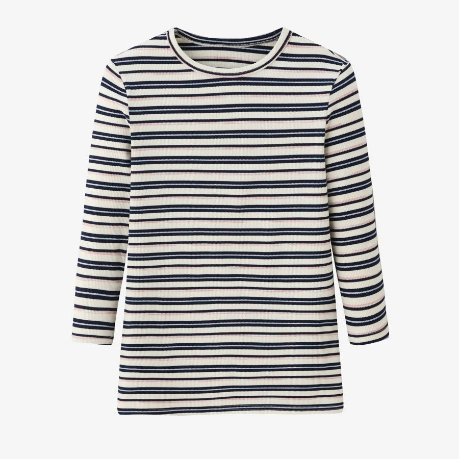 Striped Ribbed Top with 3/4 Sleeves (High Stretch Cotton Blend)