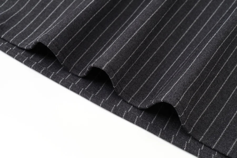 Pinstripe 4-Piece Autumn Set — Slip Dress, Knit Mockneck, Cable Knit, and Pleated Skirt