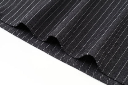 Pinstripe 4-Piece Autumn Set — Slip Dress, Knit Mockneck, Cable Knit, and Pleated Skirt