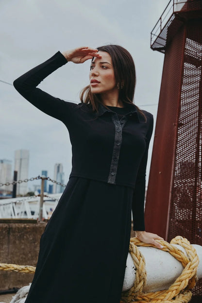 Ribbed Cardigan with Denim Collar + Sleeveless Maxi Dress Set