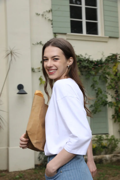 Loose Boxy V-Neck Tee with Drop Sleeves (Cotton Blend)