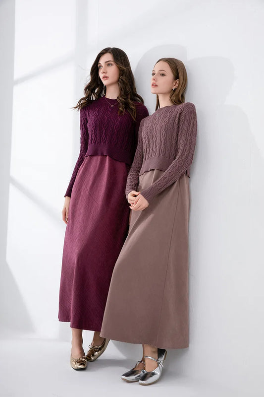 2-Piece Cable Knit Top + Cupro Slip Maxi Dress Set