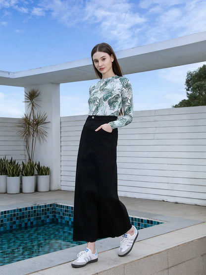 Printed Cotton Blouse & Denim Maxi Skirt Set – Sleeveless Modest Fit