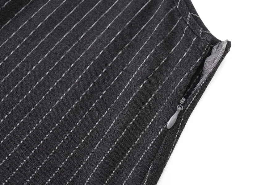 Pinstripe 4-Piece Autumn Set — Slip Dress, Knit Mockneck, Cable Knit, and Pleated Skirt