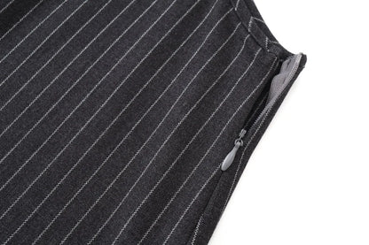 Pinstripe 4-Piece Autumn Set — Slip Dress, Knit Mockneck, Cable Knit, and Pleated Skirt