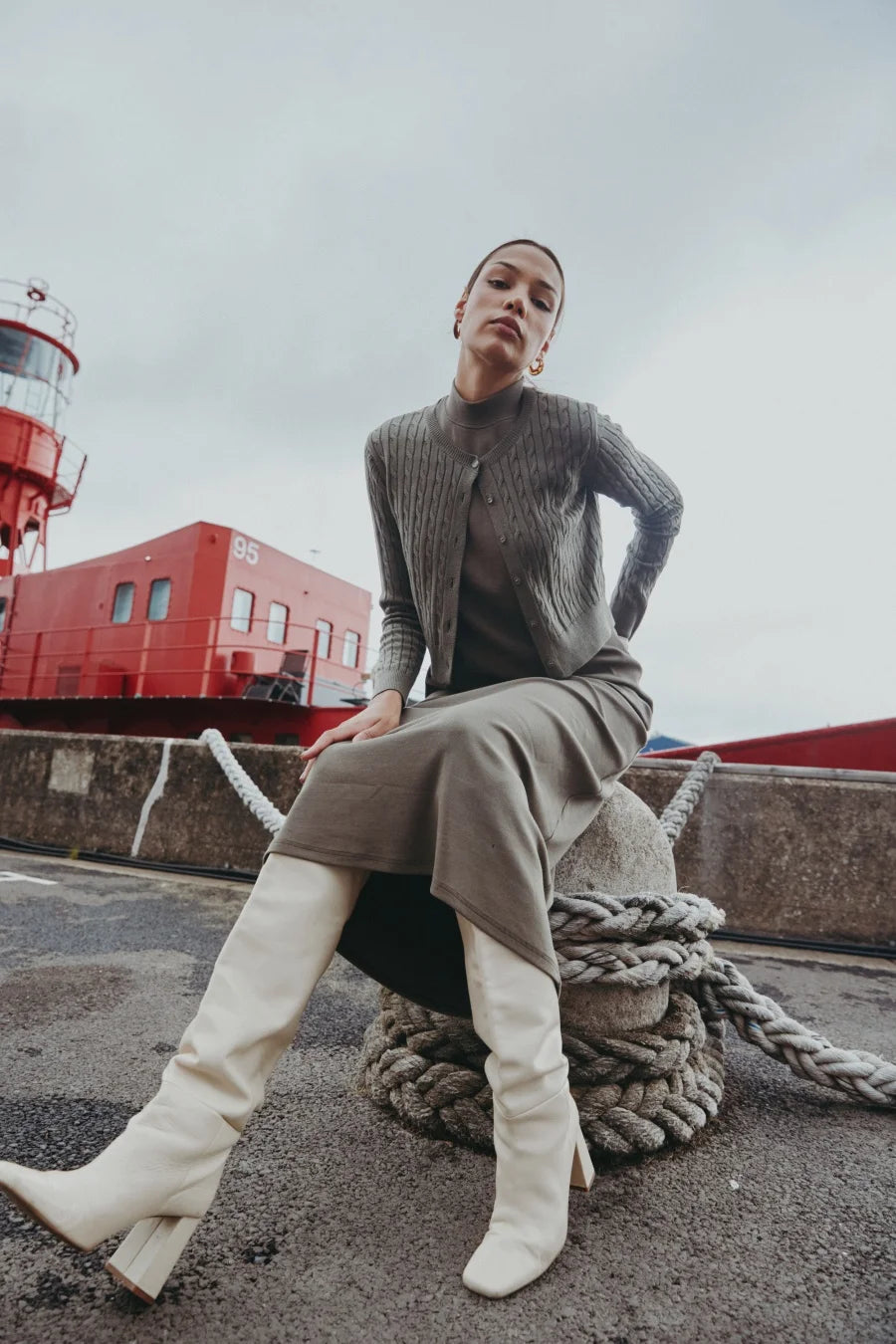 Cable-Knit Cardigan + Ribbed Mockneck Maxi Dress Set