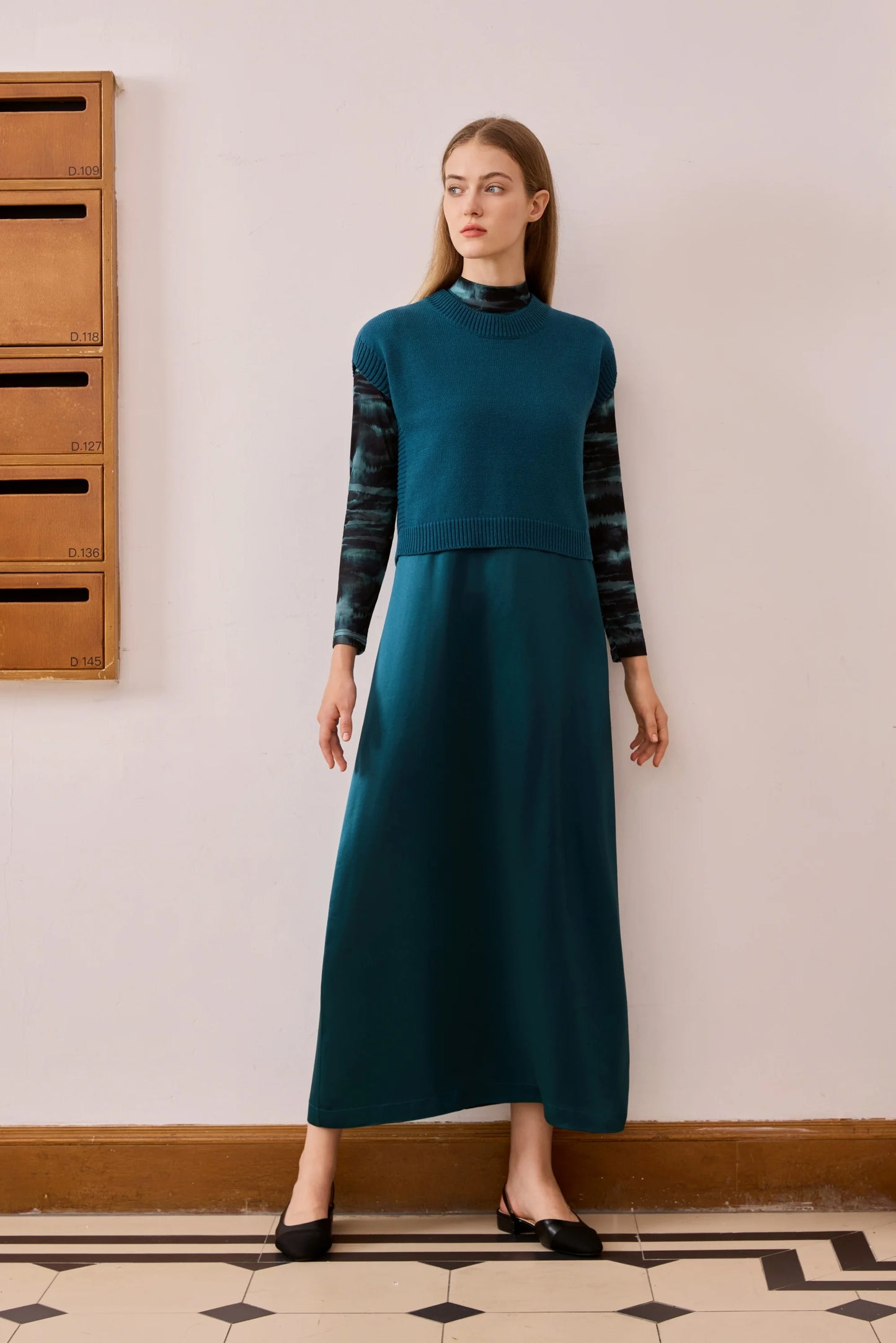 Printed Satin Maxi Dress Set – Mesh Inner Top + Knitted Vest (3-Piece Set)