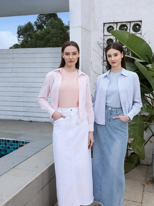 Printed Cotton Blouse & Denim Maxi Skirt Set – Sleeveless Modest Fit