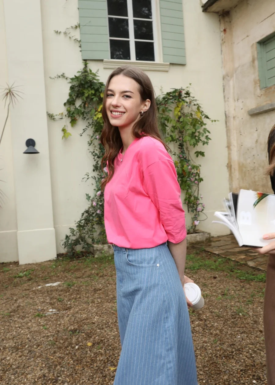 Loose Boxy V-Neck Tee with Drop Sleeves (Cotton Blend)