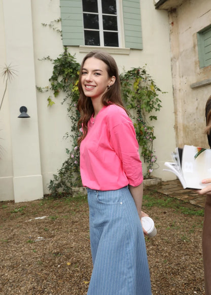 Loose Boxy V-Neck Tee with Drop Sleeves (Cotton Blend)