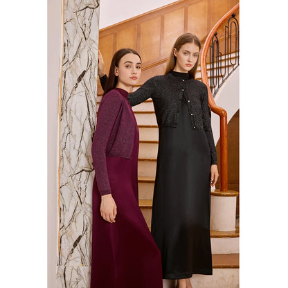 3-Piece Satin Maxi Dress Set – Mesh Inner Top + Modal Shirt + Shimmer Cardigan