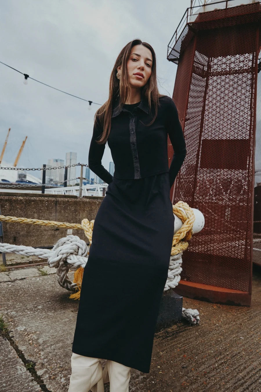 Ribbed Cardigan with Denim Collar + Sleeveless Maxi Dress Set