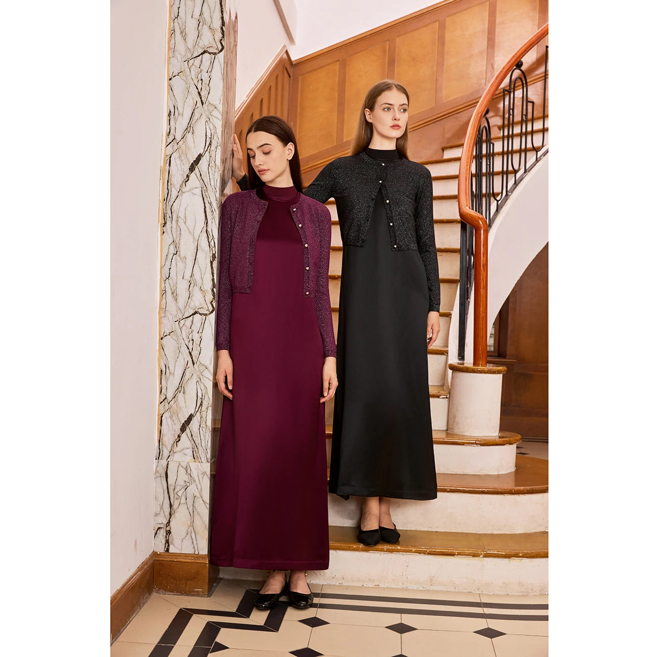 3-Piece Satin Maxi Dress Set – Mesh Inner Top + Modal Shirt + Shimmer Cardigan