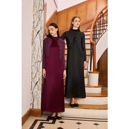 3-Piece Satin Maxi Dress Set – Mesh Inner Top + Modal Shirt + Shimmer Cardigan