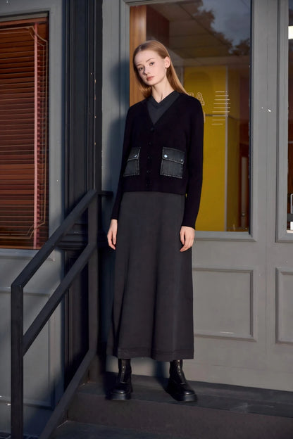3-Piece Denim Dress Set – V-Neck Maxi Dress + Knit Cardigan + Inner Top