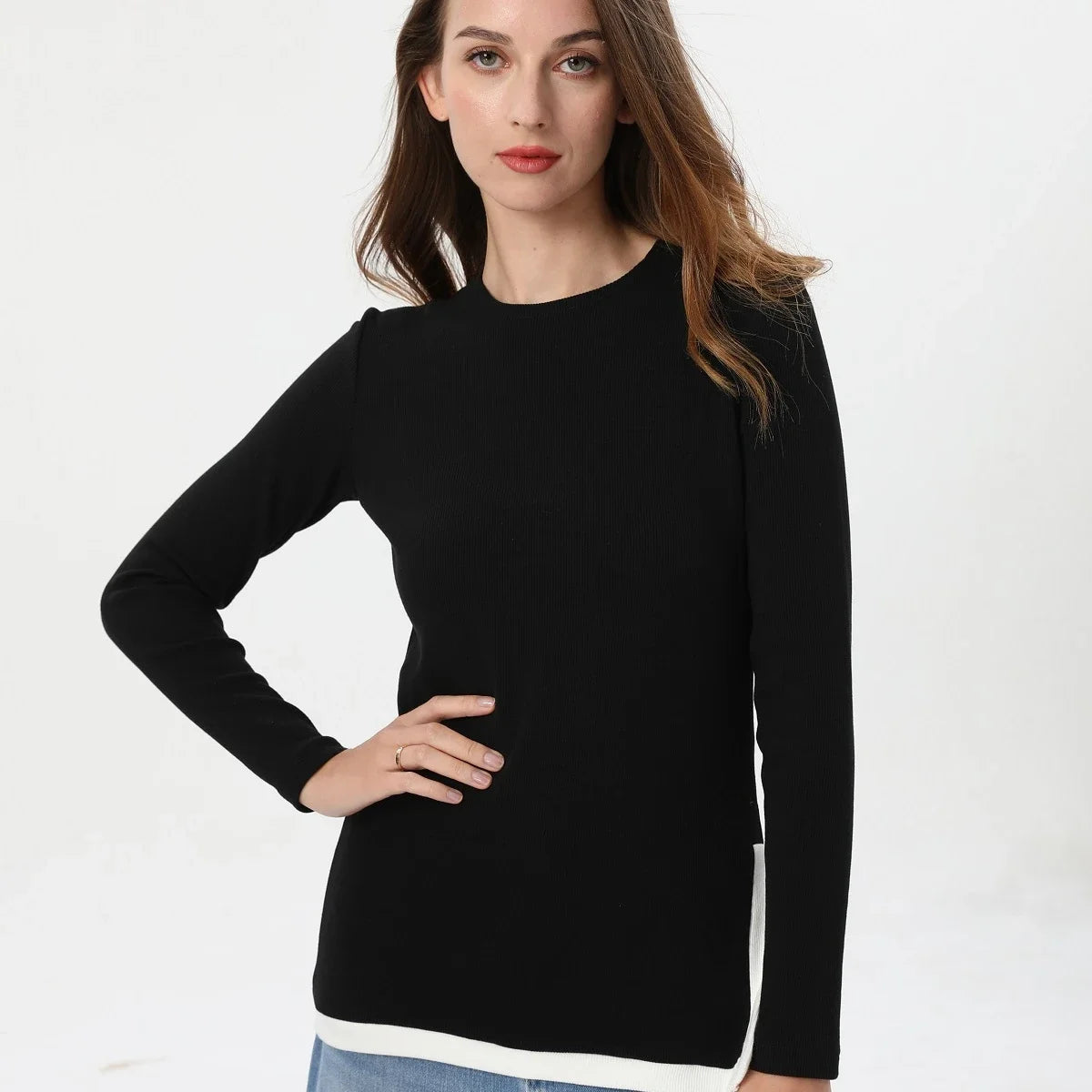 Ribbed Tee & Denim Maxi Skirt Set – Contrast Round Neck Modest Fit