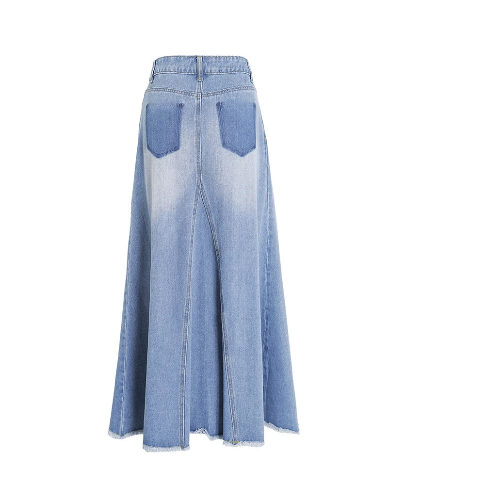 Ribbed Tee & Denim Maxi Skirt Set – Contrast Round Neck Modest Fit