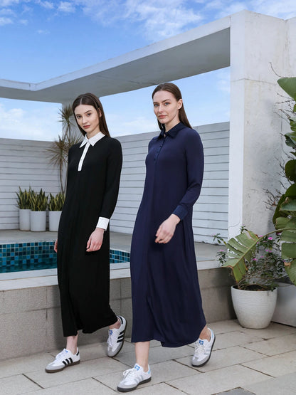 Modal Maxi Dress – Satin Patchwork Cuffs & Batwing Sleeves