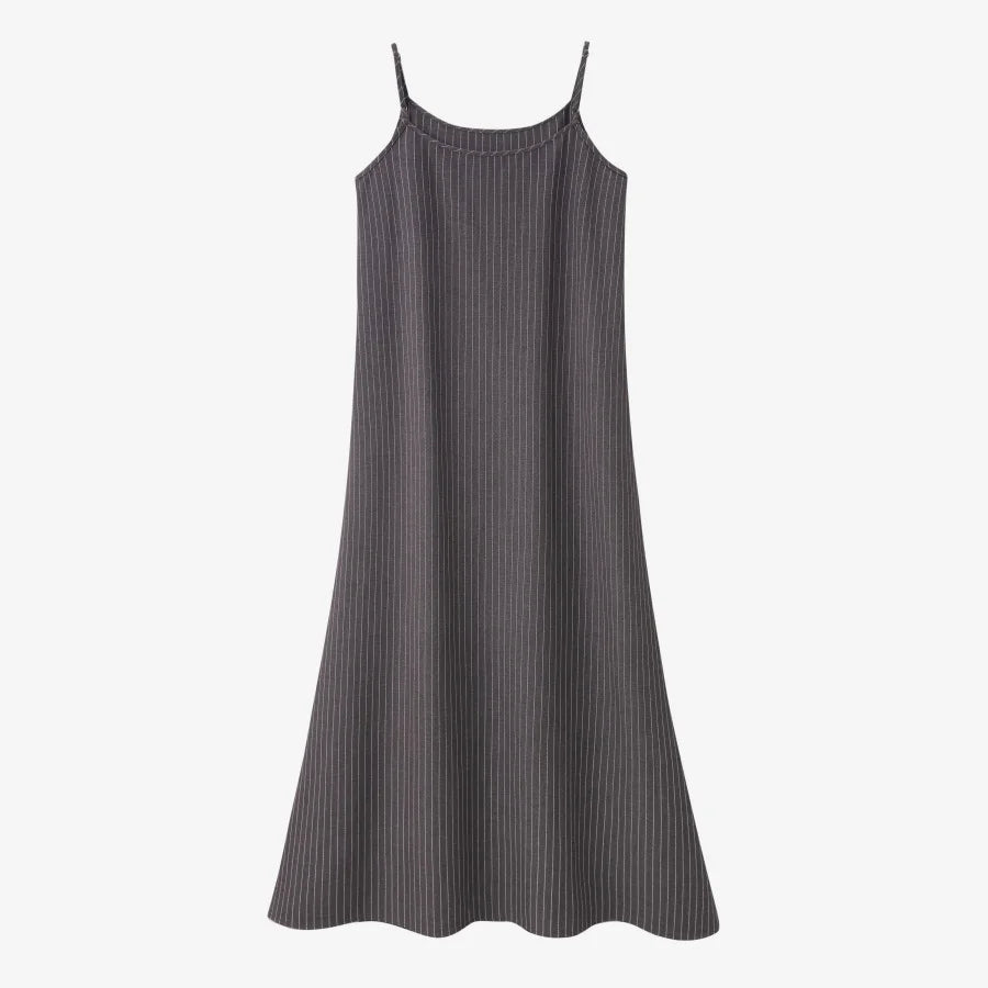 Pinstripe 4-Piece Autumn Set — Slip Dress, Knit Mockneck, Cable Knit, and Pleated Skirt