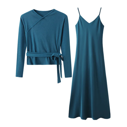 2-Piece Ribbed Wrap Top + Satin Slip Maxi Dress Set (Autumn Edition)