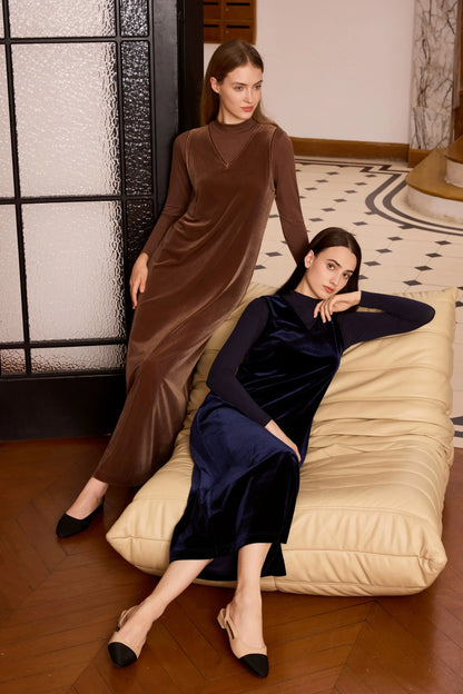 Elegant Velvet V-Neck Maxi Dress – Long Sleeve Modest Fit