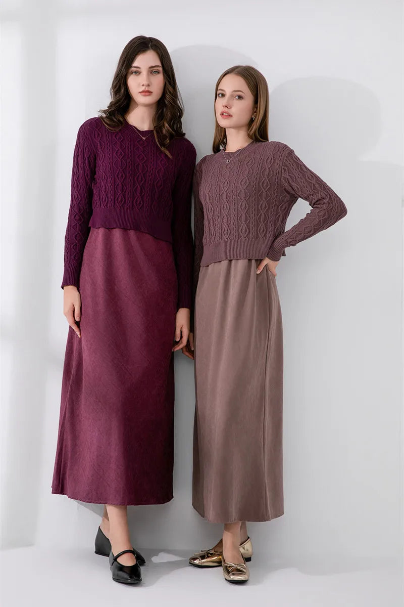 2-Piece Cable Knit Top + Cupro Slip Maxi Dress Set
