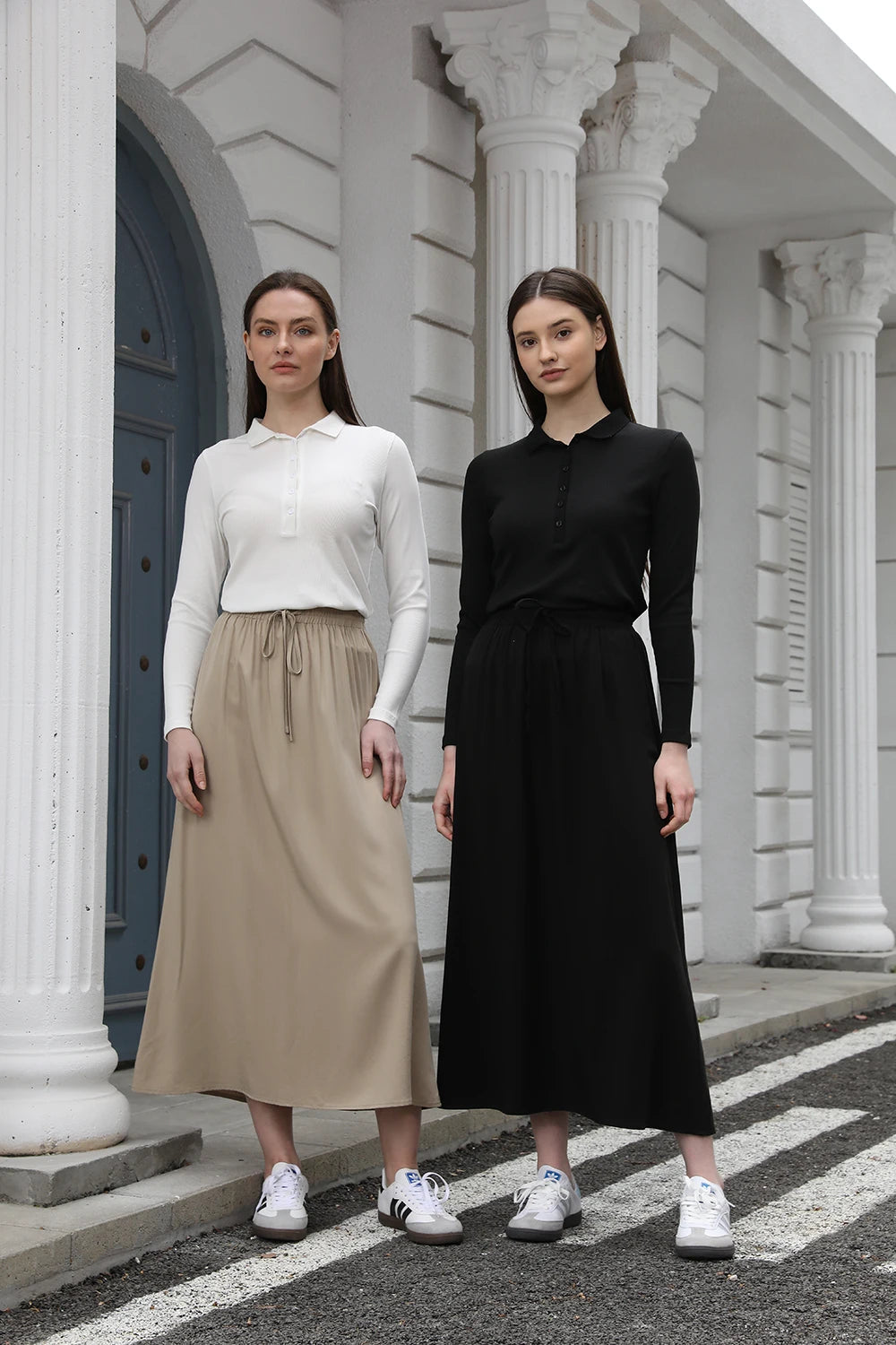 Cotton Blend Turn-Down Collar Top & A-Line Maxi Skirt Set – Modest Casual Fit