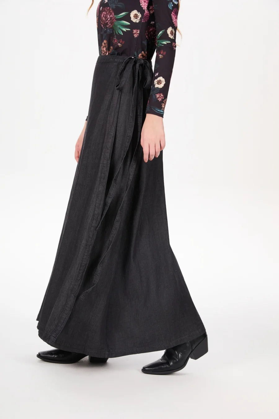 Denim Wrap Skirt (Adjustable Waist, Ankle-Length)