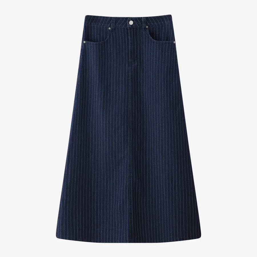 Pinstripe Denim Maxi Skirt (A-Line, Stretch Fit)