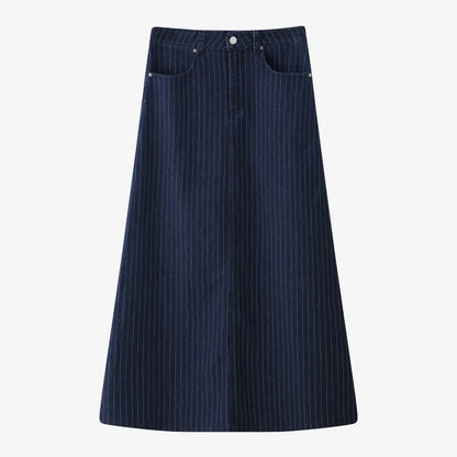 Pinstripe Denim Maxi Skirt (A-Line, Stretch Fit)