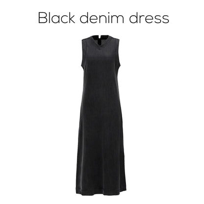 3-Piece Denim Dress Set – V-Neck Maxi Dress + Knit Cardigan + Inner Top