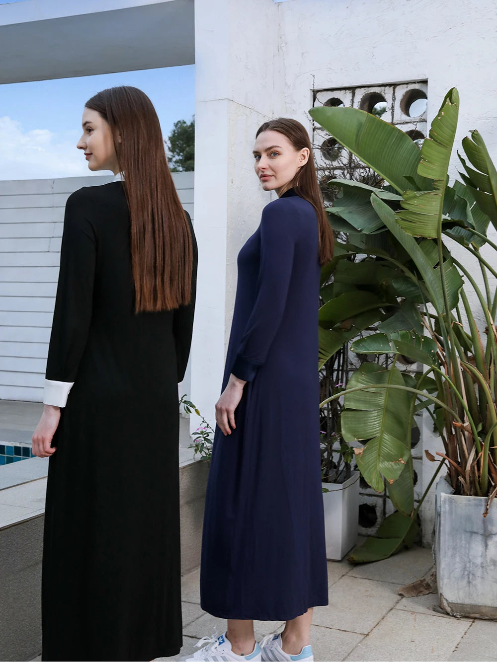 Modal Maxi Dress – Satin Patchwork Cuffs & Batwing Sleeves