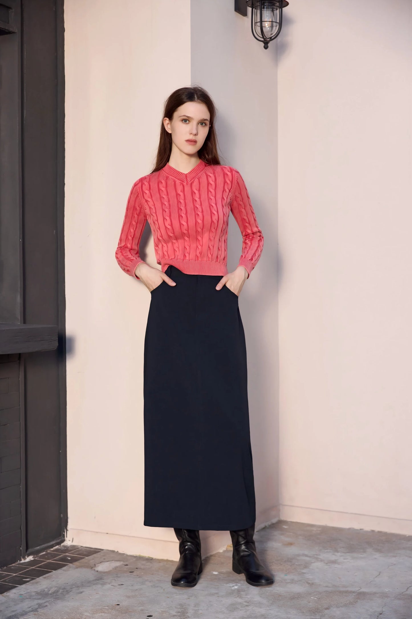 3-Piece Knit Sweater Set – Cable Knit Top + Stretch Skirt + Leather Skirt Option