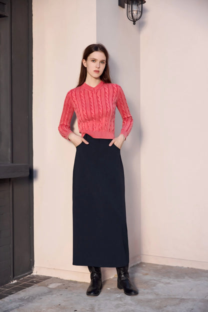 3-Piece Knit Sweater Set – Cable Knit Top + Stretch Skirt + Leather Skirt Option