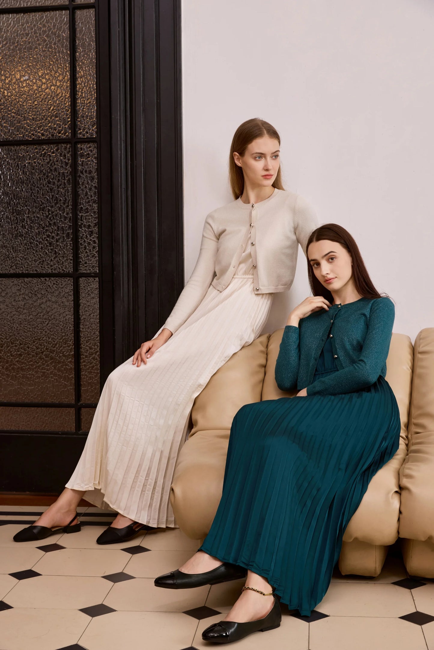 2-Piece Satin Pleated Slip Dress with Shimmer Cardigan