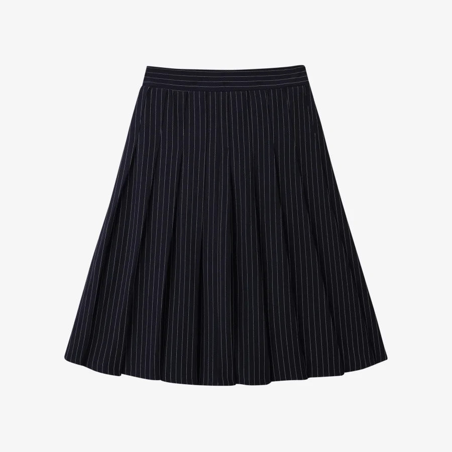 Pinstripe 4-Piece Autumn Set — Slip Dress, Knit Mockneck, Cable Knit, and Pleated Skirt