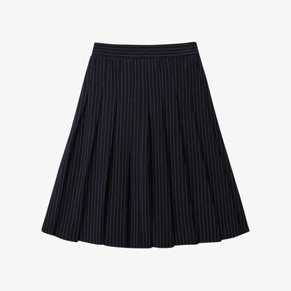 Pinstripe 4-Piece Autumn Set — Slip Dress, Knit Mockneck, Cable Knit, and Pleated Skirt