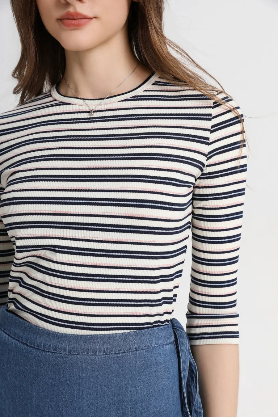Striped Ribbed Top with 3/4 Sleeves (High Stretch Cotton Blend)