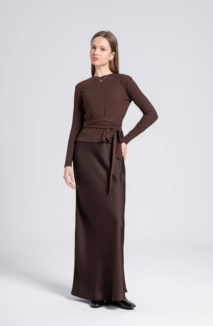 2-Piece Ribbed Wrap Top + Satin Slip Maxi Dress Set (Autumn Edition)