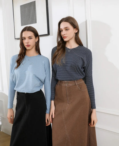 Striped Ribbed V-Neck Top with Batwing Sleeves