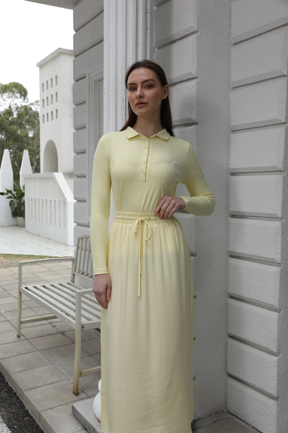 Cotton Blend Turn-Down Collar Top & A-Line Maxi Skirt Set – Modest Casual Fit