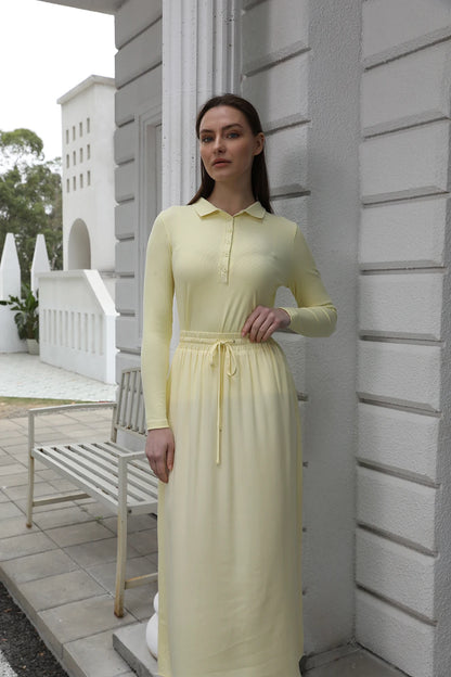 Cotton Blend Turn-Down Collar Top & A-Line Maxi Skirt Set – Modest Casual Fit