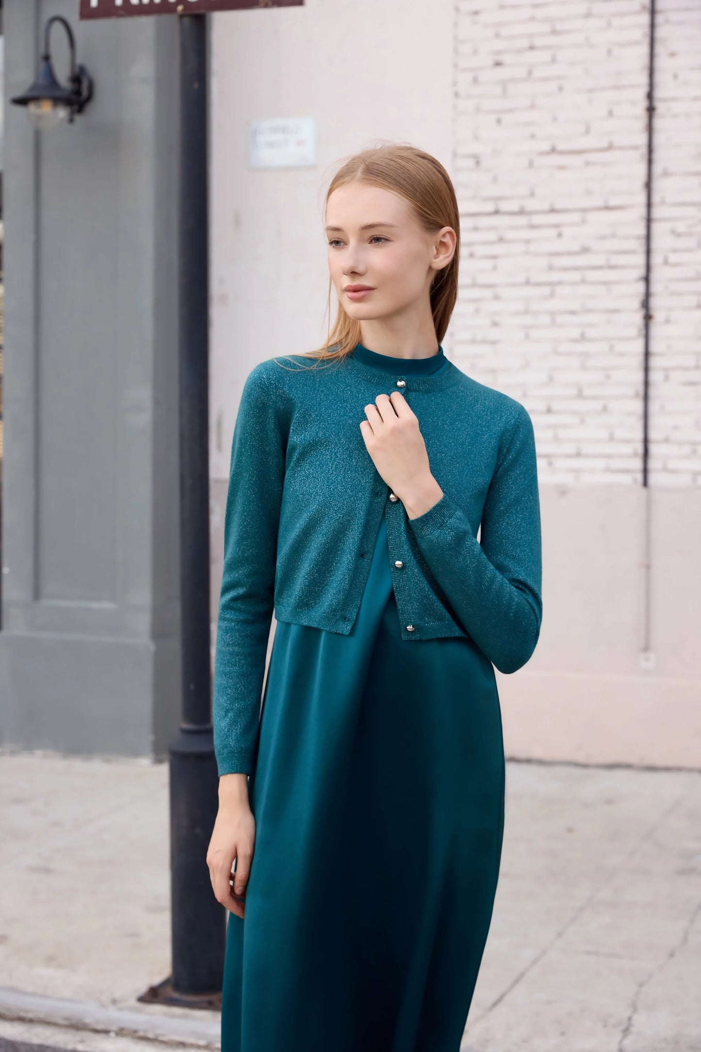 3-Piece Satin Maxi Dress Set – Mesh Inner Top + Modal Shirt + Shimmer Cardigan