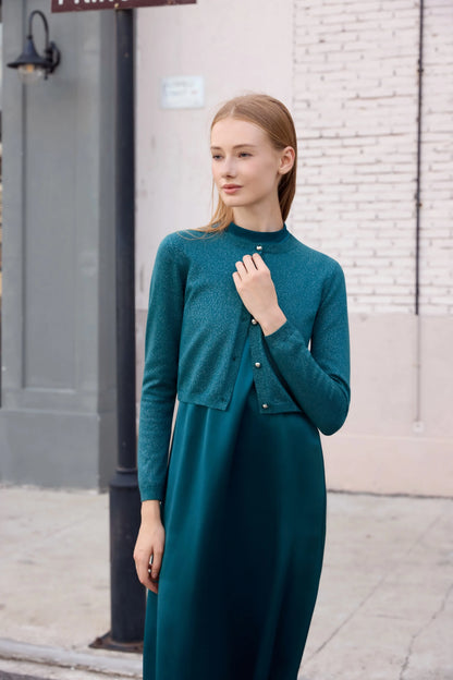 3-Piece Satin Maxi Dress Set – Mesh Inner Top + Modal Shirt + Shimmer Cardigan