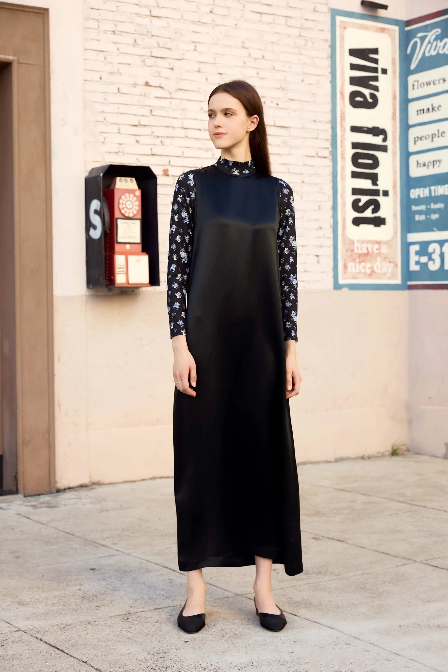 Printed Satin Maxi Dress Set – Mesh Inner Top + Knitted Vest (3-Piece Set)