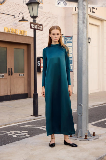 3-Piece Satin Maxi Dress Set – Mesh Inner Top + Modal Shirt + Shimmer Cardigan