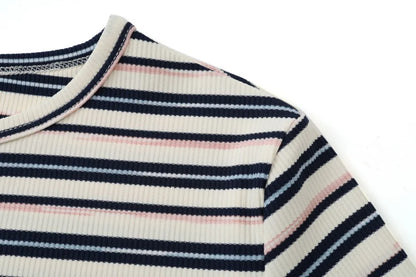 Striped Ribbed Top with 3/4 Sleeves (High Stretch Cotton Blend)